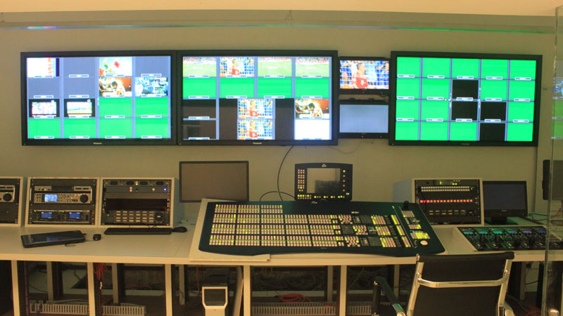 Mathrubhumi News TV Channel's Production Control Room - A seamlessly integrated setup by RGB Broadcasting featuring camera control, router control, video mixer, talkback, audio monitor, and more. Demonstrating RGB's expertise in comprehensive broadcast solutions.