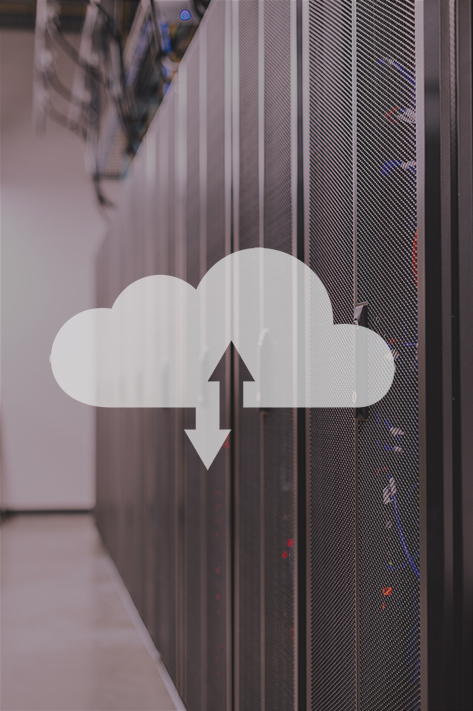 Illustration of Cloud Migration concept, showcasing data transfer to and from the Cloud with a cloud icon superimposed over onsite servers.