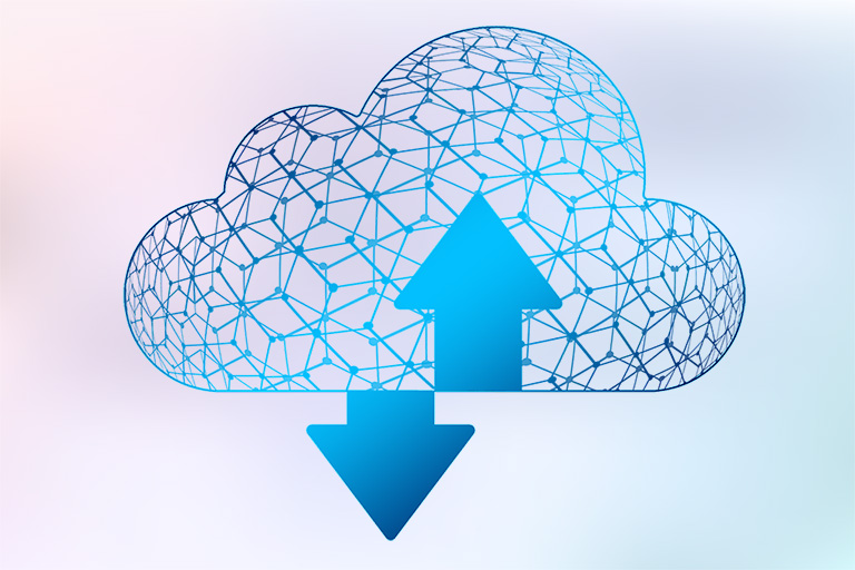 Illustration of cloud storage concept, showcasing data transfer to and from the Cloud.