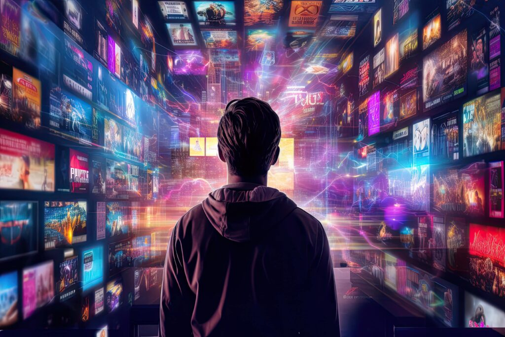 A person using a streaming service, which uses AI algorithms to suggest movies, TV shows, or songs based on their viewing and listening history.